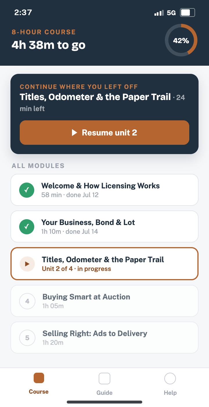 App screenshot — module list with progress