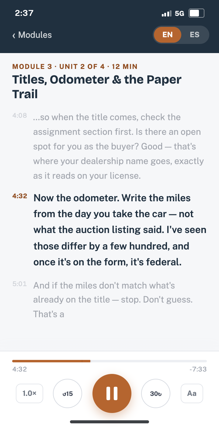 App screenshot — unit view, Listen mode on